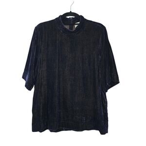 Just Top Medium Navy Blue Velvet Metallic Mock Neck Relaxed Fit Oversized Shirt